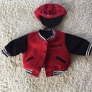 American Girl Doll Chicago Red / Black Varsity Jacket and Baseball Cap 18” Doll
